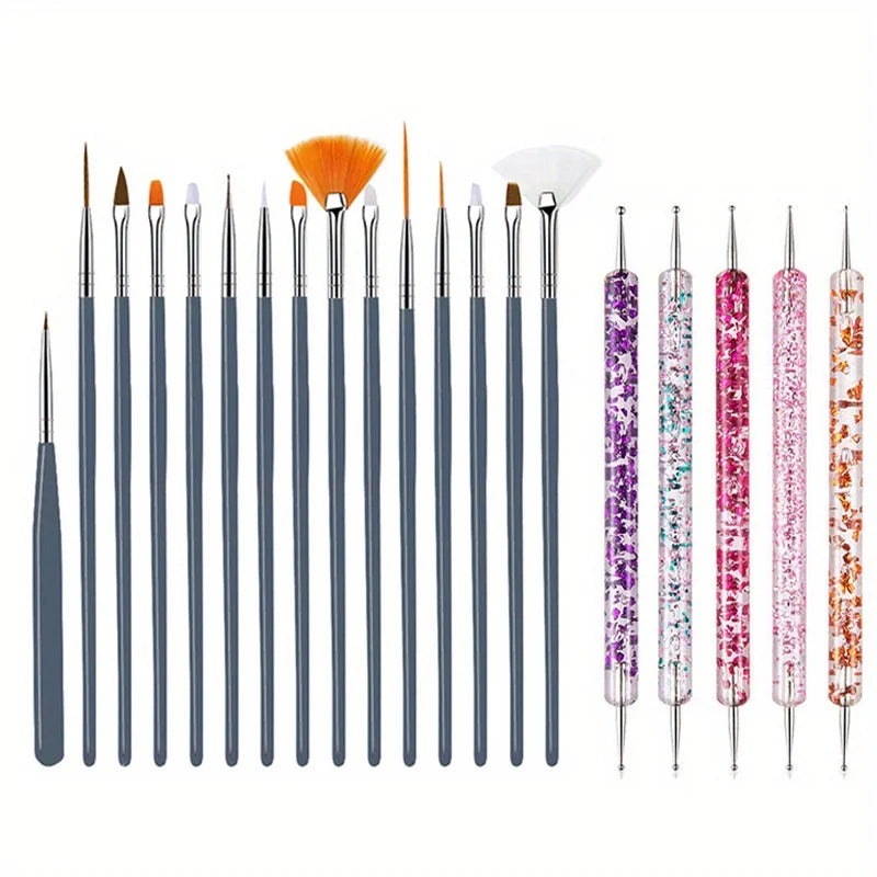 Juego de 20 pinceles para diseño, pintura, dibujo, tallado, punteo y manicura. Esmalte UV en gel acrílico sin perfume.