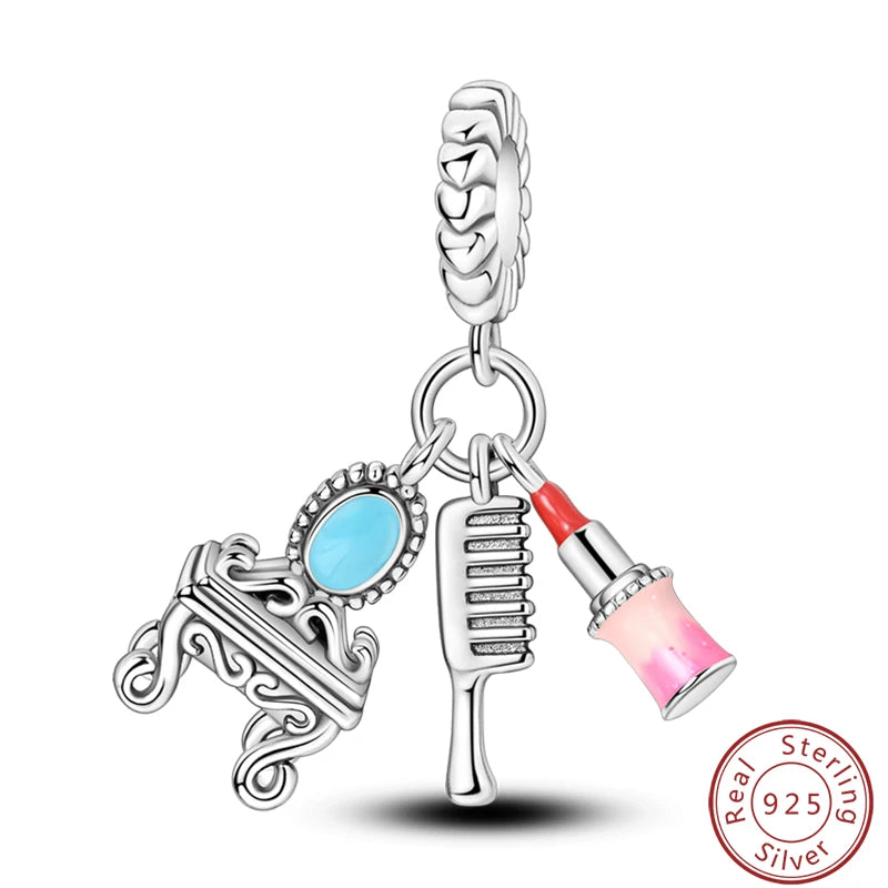 Ensemble de trois breloques en argent sterling S925, perles de 3 mm, motif princesse, golf, hamster, appareil photo, voyage, fabrication de bijoux fins