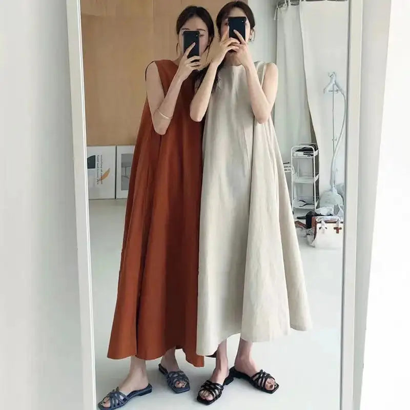 2022 Minimalist Chic Loose Swing Sleeveless Mid-length Casual Cotton Linen Long Dress Round Neck High Waist Women Runway Dress - Lootquake