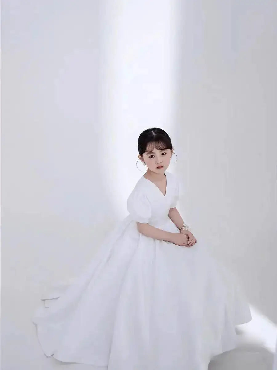 Children's Dress V-Neck White Patchwork Bow Short Sleeve Summer Clothes Fashion Girls Birthday Party Princess Long Dress 3-8year - Lootquake