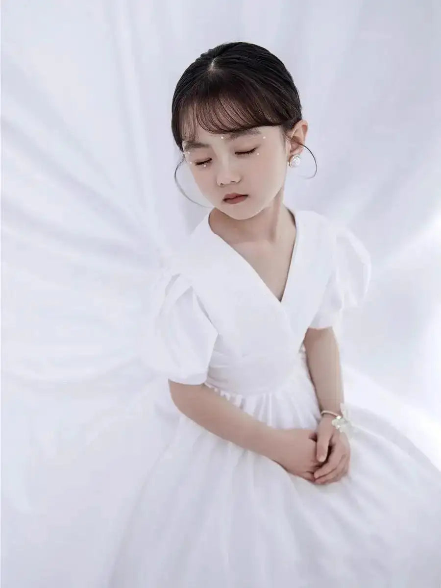 Children's Dress V-Neck White Patchwork Bow Short Sleeve Summer Clothes Fashion Girls Birthday Party Princess Long Dress 3-8year - Lootquake