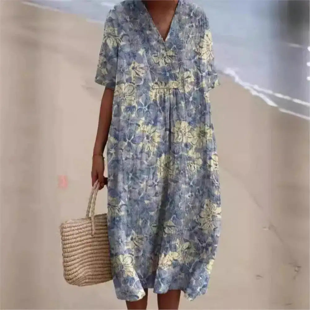 Casual Short Sleeved V-neck Big Swing Dress 2024 New Women's Loose Printed Long Dress Female Retro Flower Print Pullover Dresses - Lootquake