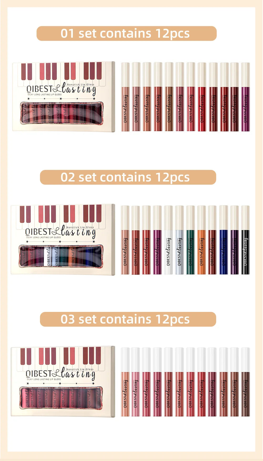 Coffret de gloss mat de luxe, 12 teintes waterproof, non collant, longue tenue, pour un maquillage de fête quotidien