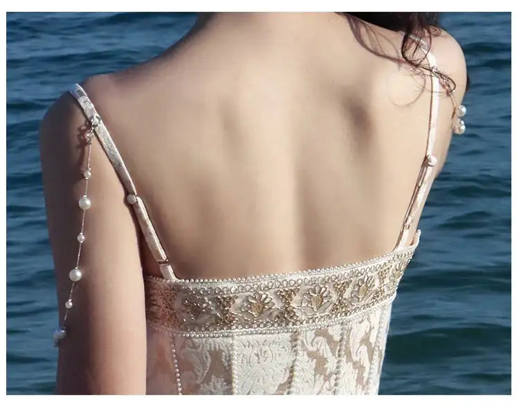 Summer Women Gorgeous Party Mermaid Prom Dress Spaghetti Strap Pearl Beading Ruffles Dress Feminine Backless Trumpet Long Dress - Lootquake