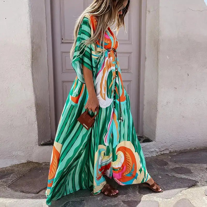 2023 Women Gorgeous Boho Print Maxi Beach Dress Summer Deep V Slit Elastic Waist Party Dress Elegant Holiday Long Dress Vestidos - Lootquake