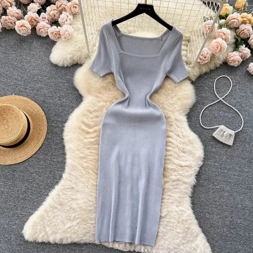 Green 2024 Sexy Summer Knit Short Sleeve Dress Women Squar Collar Waist Bodycon Sundress Female Beach Backless Long Dress - Lootquake