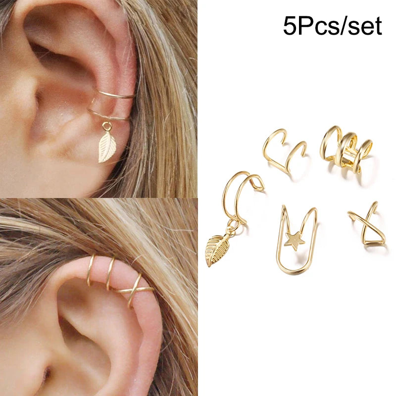 LATS Gold Color Leaves Ear Cuffs, Black Non-Piercing Ear Clip Earrings for Women & Men - Lootquake