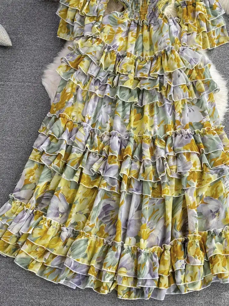 Summer New Off Shoulder Wrap Waist to Show Thin A-line Fragmented Cake Dress Women's Beach Vacation Chiffon Long Dress GD820 - Lootquake