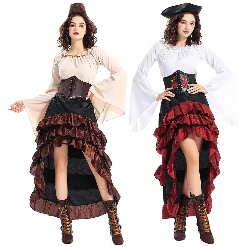 Halloween Womens Cosplay Medieval Pirate Costume Top Corset Skirt Hat Retro Voyager Dress Carnival Play Suit Party Fancy Dress