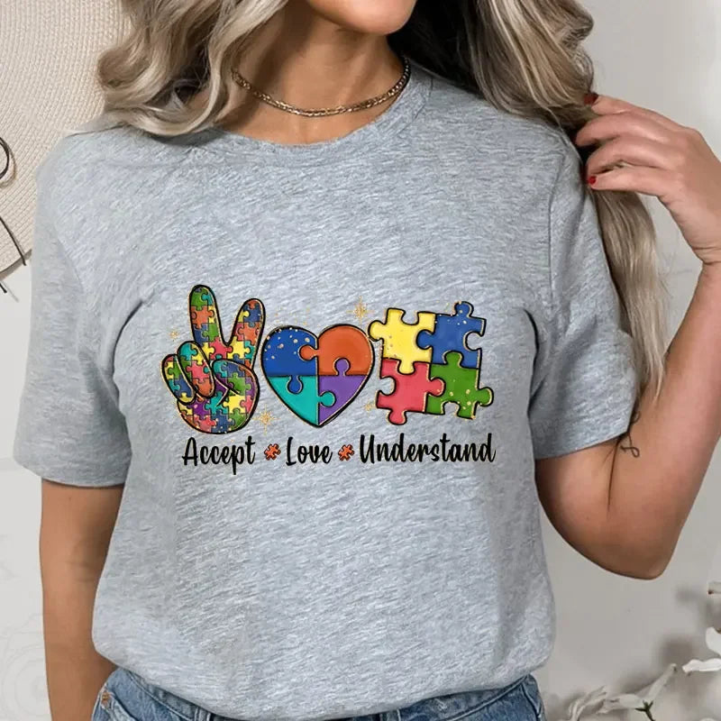 Accept Love and Understand T-shirt Autism Awareness T Shirts Color Puzzle Block Kids Women's Tees Harajuku Streetwear Y2k Tops - Lootquake