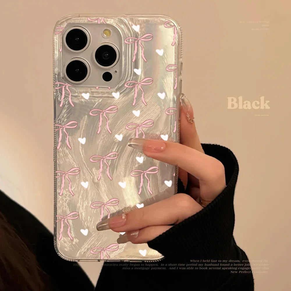 Funda para teléfono con lazo rosa y corazón blanco