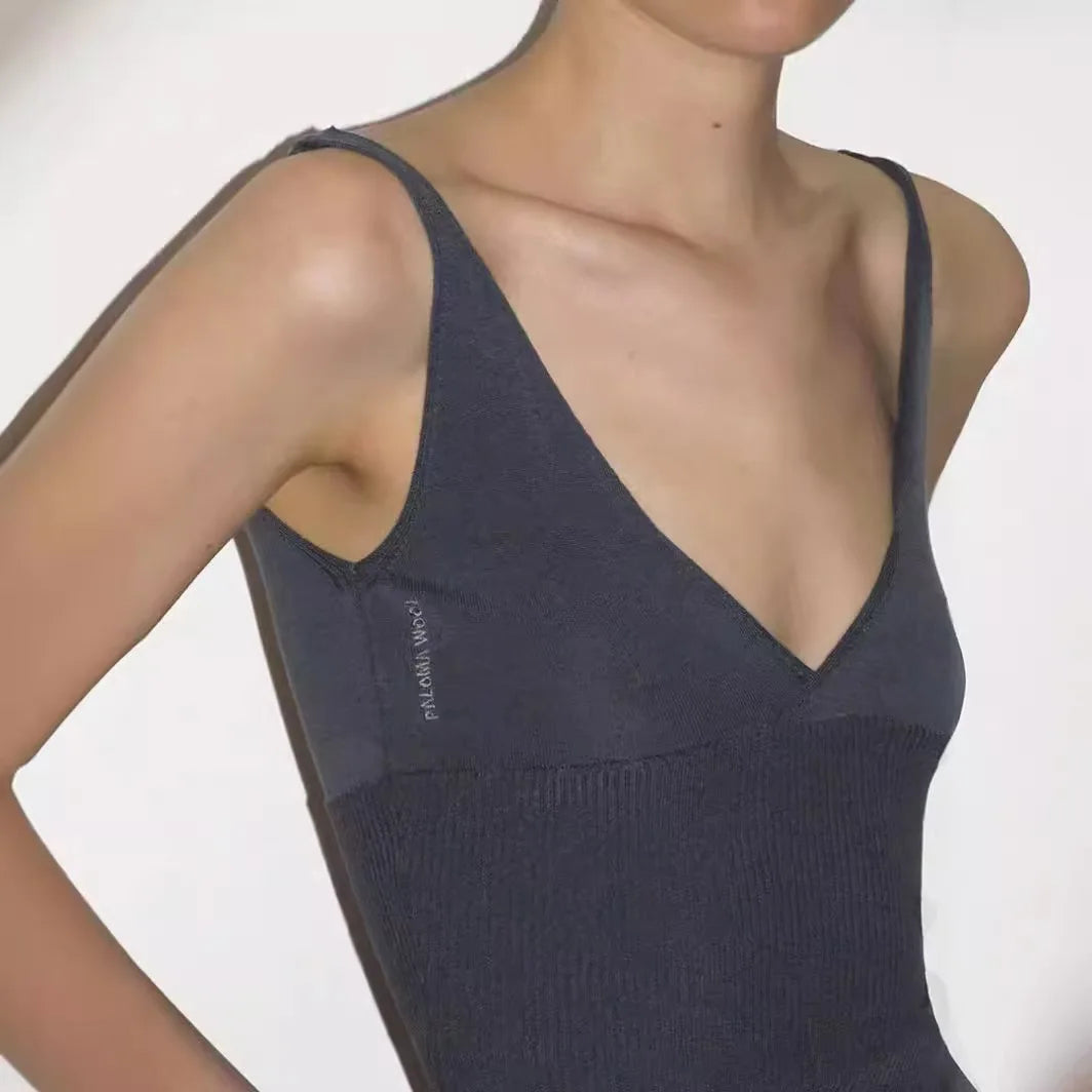 23 new embroidered V-neck slim fit sleeveless short ribbed knit camisole top for women's summer - Lootquake