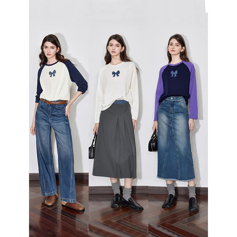 TOYOUTH Women T-shirt 2024 Autumn New Denim Bow Contrasting Color Raglan Sleeve Pullover Casual Tops - Lootquake