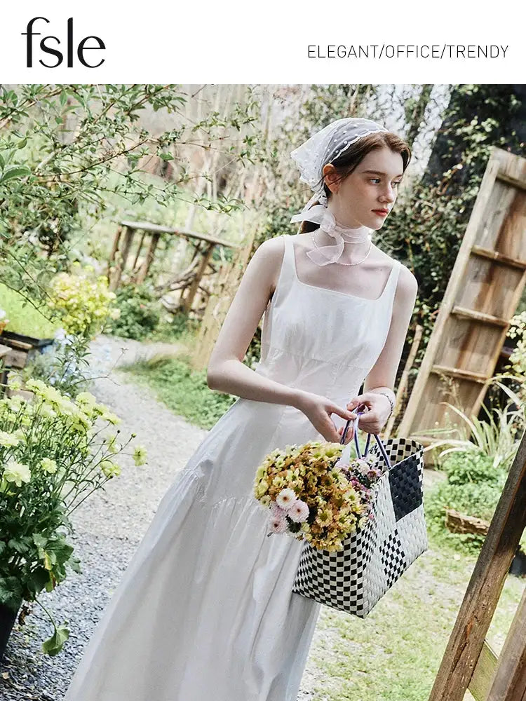 FSLE French White Suspender Long Dress 100% Cotton 2024 Summer New Loose Temperament Ankle-Length Female Dresses 24FS12048 - Lootquake