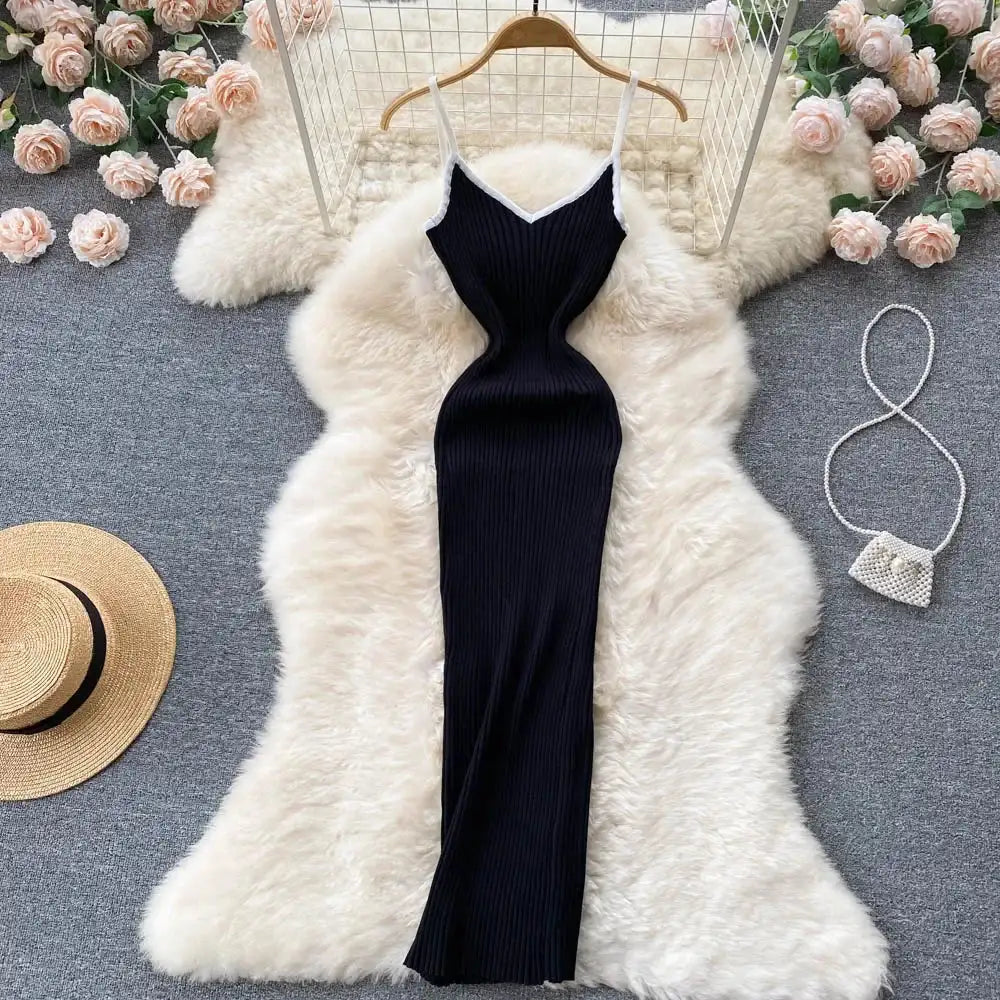 Summer V Neck Knit Sexy Strap Dress Women Elatic Waist Bodycon Sundress Female Beach Backless Maxi Long Dress - Lootquake