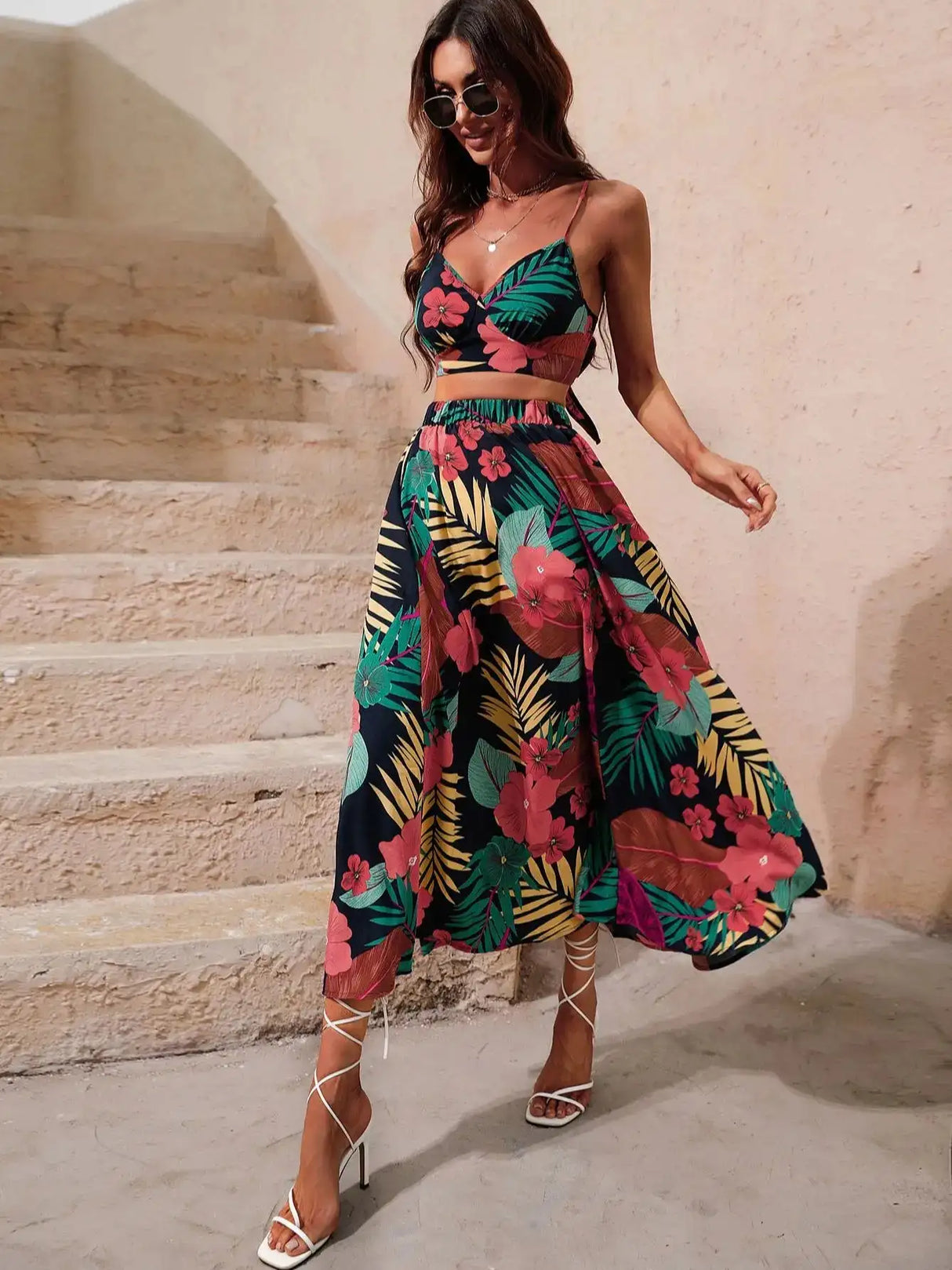 Y2K Bikini Crop Tops Long Dress Sexy Set for Women Summer Fashion Two Pieces Skirt Beach Style Floral Print Midi Sexy Boho Sets - Lootquake