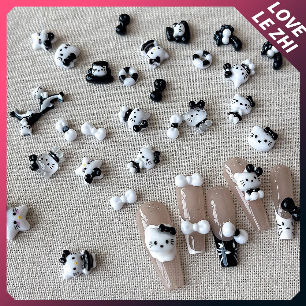20Pcs Sanrioed Summer Beach Hello Kittys Nail Accessories Cartoon Black Skin Resin Charms Diy Girl Gift Nail Decoration - Lootquake