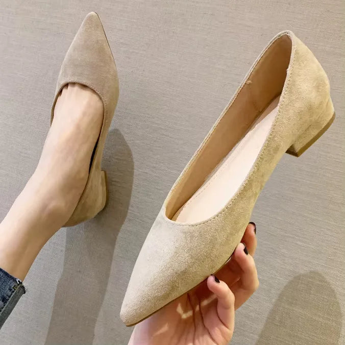 Woman Closed Back Snug Shoes Low Heels 2cm Null Pumps Pointy Toe Slip-On Red Black Beige Narrow Feet Seam Mocasines 34-43 25cm - Lootquake