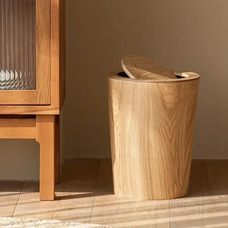 Wooden Style Minimalist Wooden Trash Bin Creative Home Homestay Hotel Living Room Bedroom with Lid Flip Paper Basket
