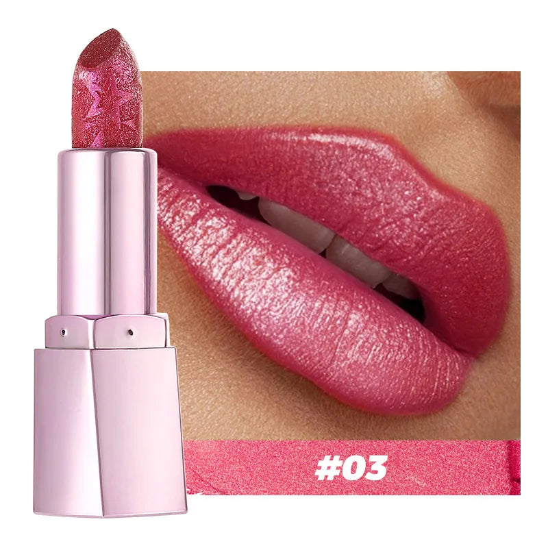 Lápiz labial brillante con brillo perlado, hidratante y de alto brillo, duradero y no pegajoso, maquillaje sensual con efecto perlado.