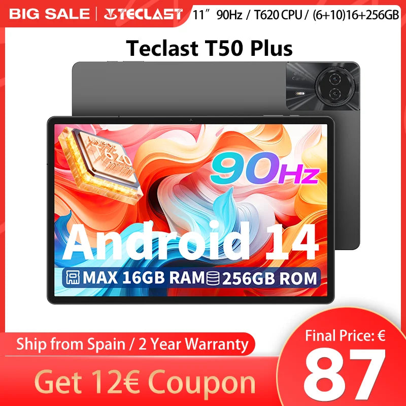 Tablette Teclast T50 Plus, 11 pouces, processeur Unisoc T620, 8 cœurs, (6 Go + 10 Go), RAM max. 16 Go, ROM 256 Go, réseau 4G, double SIM, Android 14, 8 000 mAh, IPS 1920 x 1200, Wi-Fi