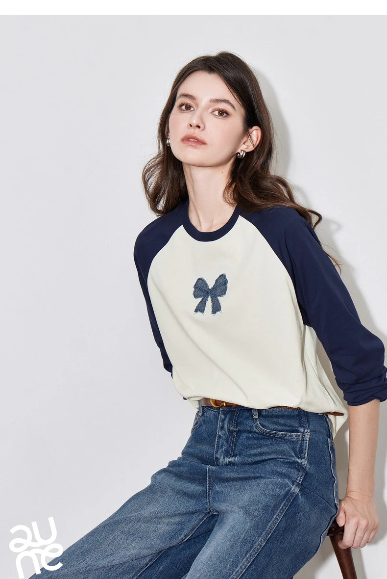 TOYOUTH Women T-shirt 2024 Autumn New Denim Bow Contrasting Color Raglan Sleeve Pullover Casual Tops - Lootquake