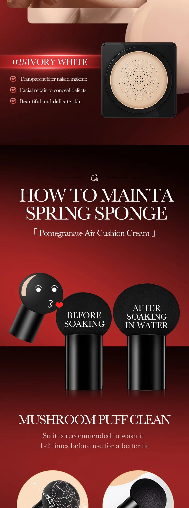 Coussin d'air CC Crème Fond de teint tête de champignon Hydratant Longue tenue Cosmétiques visage Éclaircissant naturel Base de teint Maquillage