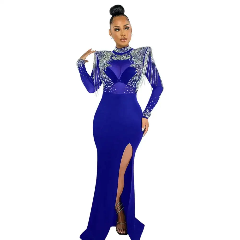 CM.YAYA Women Mesh See Through Long Sleeve Diamonds Hot Rhinestones Mermaid Long Dress Fall Evening Sexy Party Dresses Vestidos