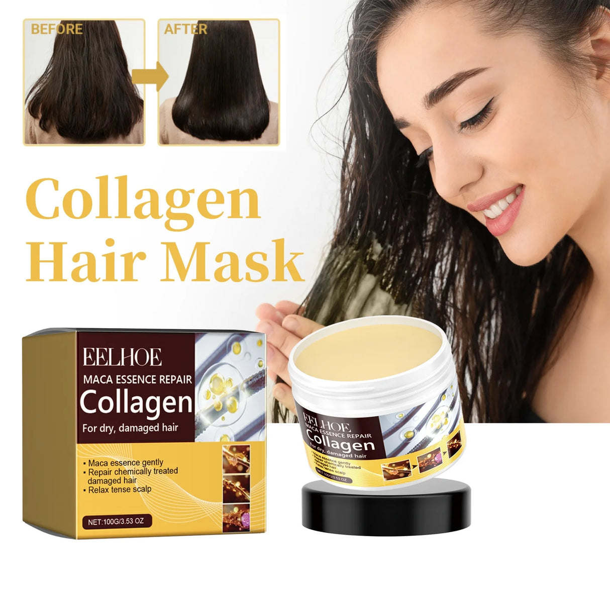Collagen Hair Mask Reduce Dryness And Frizz Prevent Hair Splitting Moisturize Soften Hair Improve Hair Texture Hair Care Mask