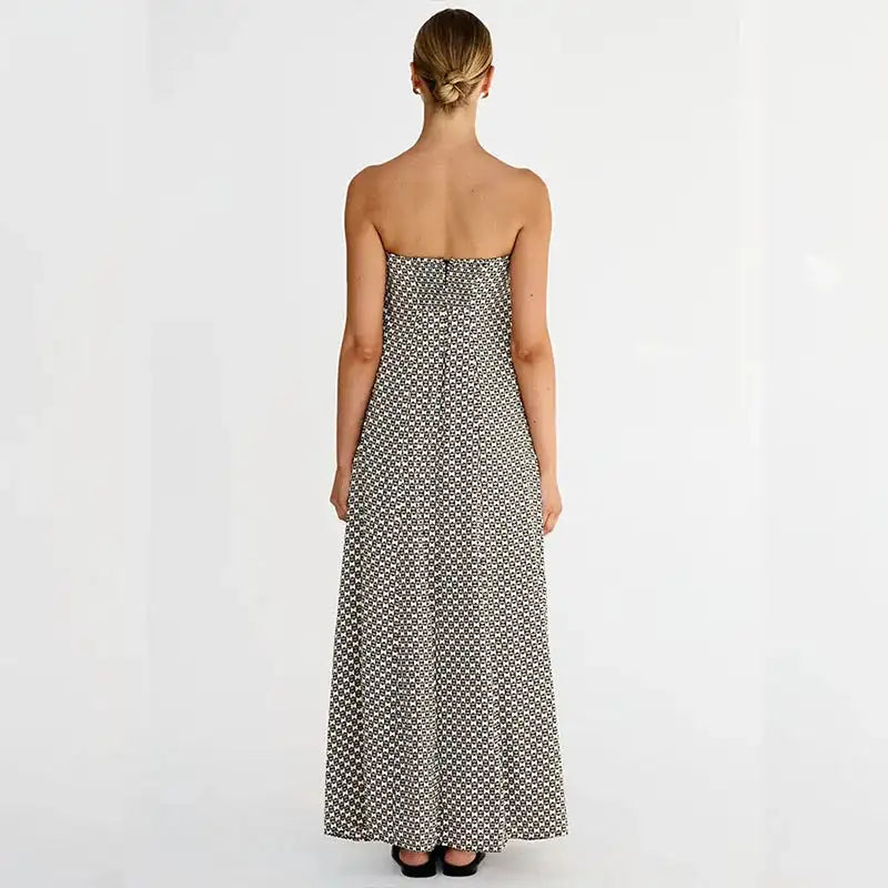 Fashion Strapless High Waisted Long Dress Women Casual Off Shoulder Pleated Bohemian Dress Elegant Pattern Printed Holiday Dress - Lootquake