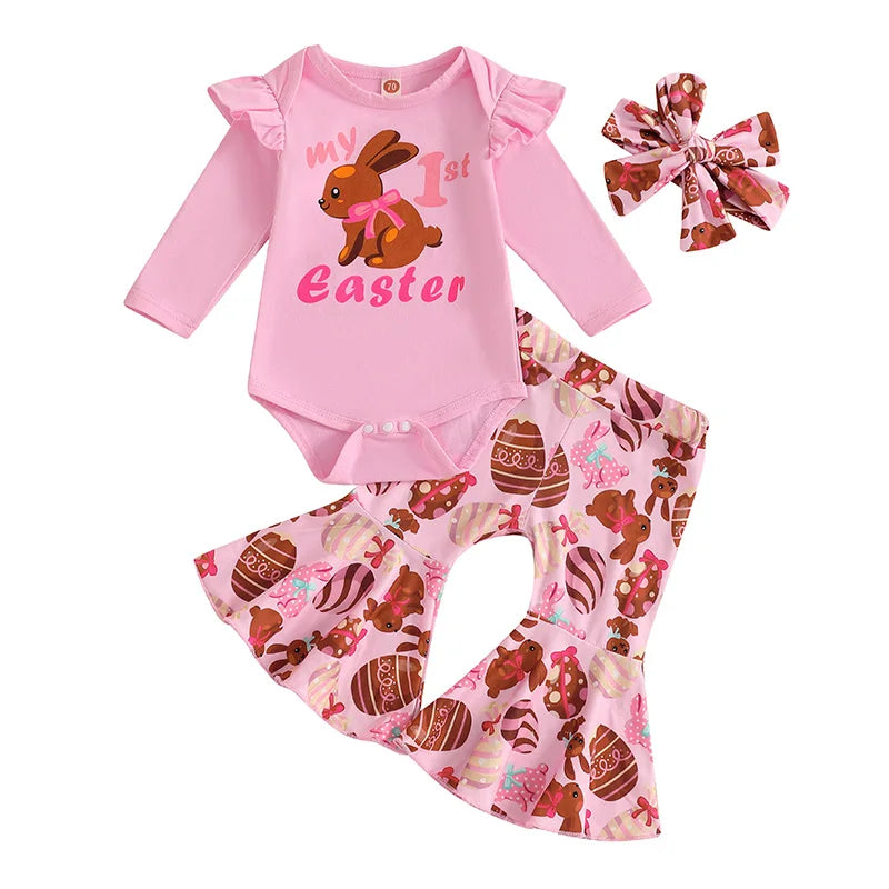 0-18M Infant Baby Girls Easter Outfits Long Sleeve Romper with Bunny Pattern Flare Pants and Headband 3 Pcs Set for Newborn - Lootquake