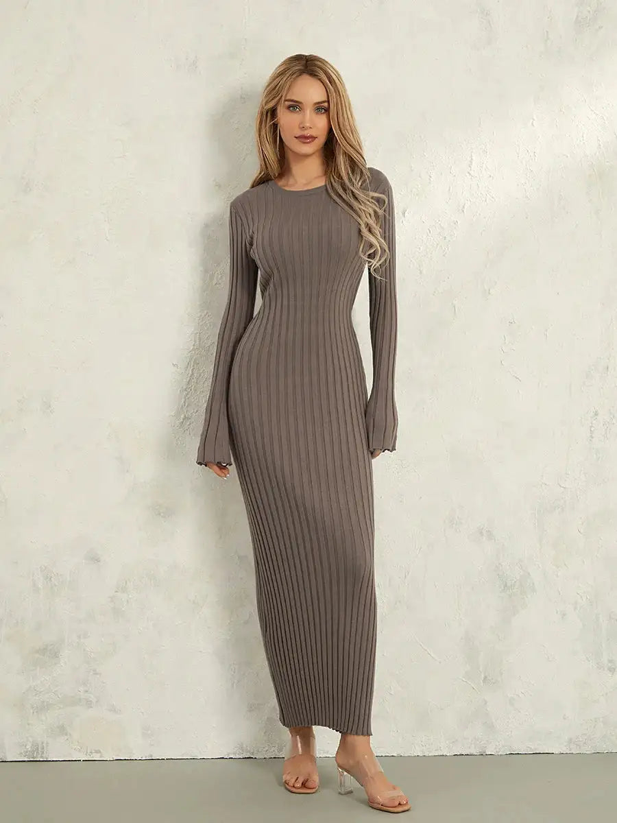Women Spring Autumn Lace-up Knit Dress Elegant Long Sleeve Crew Neck Ribbed Solid Color Long Dress Streetwear - Lootquake