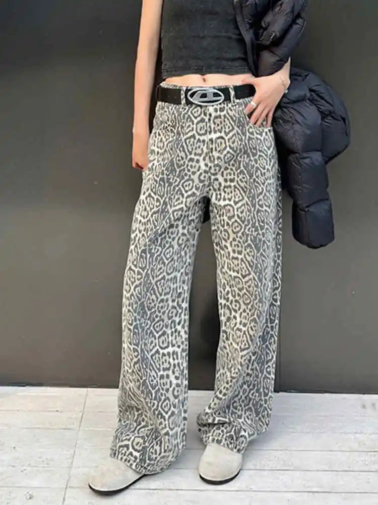 Y2k Vintage Leopard Print Loose Women Jeans Autumn New Classic Straight High Waist Slim Casual Fashion Female Jeans 2024 New - Lootquake