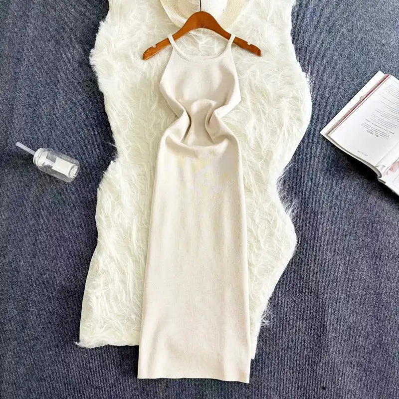 2024 Sexy Summer Knit Strap Dress Women Halter Elatic Waist Bodycon Sundress Female Beach Solid Maxi Long Dress - Lootquake