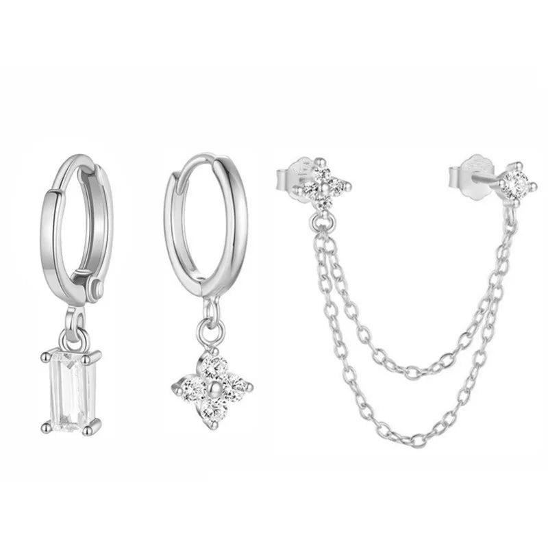 3PCS New Fashion Four Zircon Flower Hoop Earring Set For Women Stainless Steel Double Stud Chain Tassel Huggie Piercing Jewelry - Lootquake