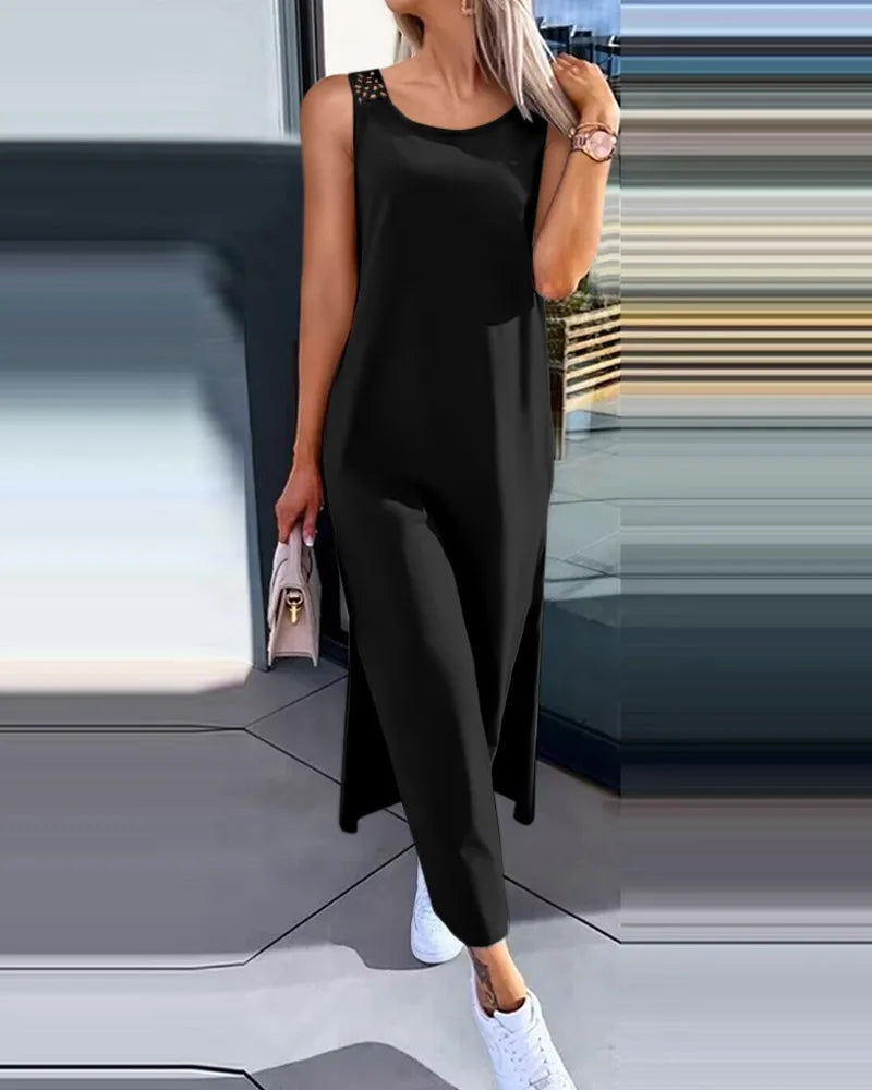 Hollow Out Solid Long Dress Women Fashion Sleeveless O-neck Maxi Dresses For Women 2024 Summer Women's Slim Split Vestidos Black - Lootquake