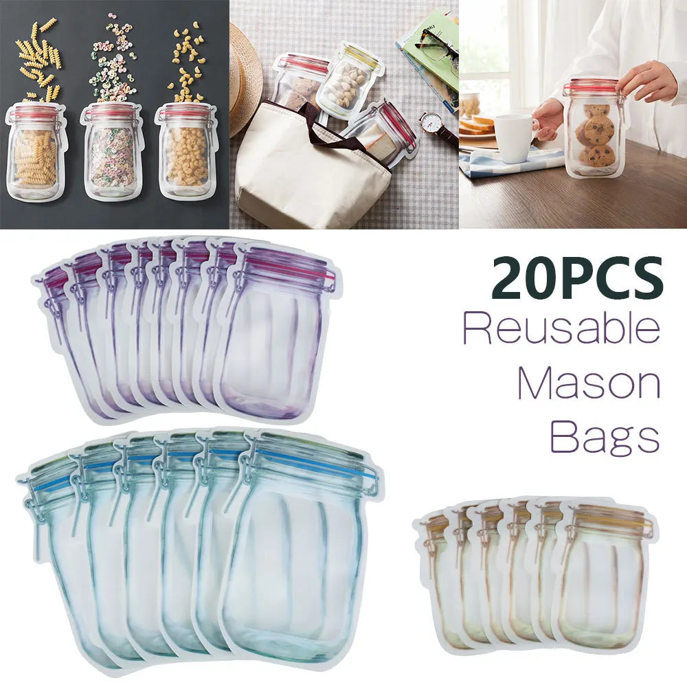 20/40Pcs Reusable Mason Jar Bottles Bags Nuts Candy Cookies Bag Sealed Plastic Bags Home Storage Supply 3 Size Zip Lock Bags New