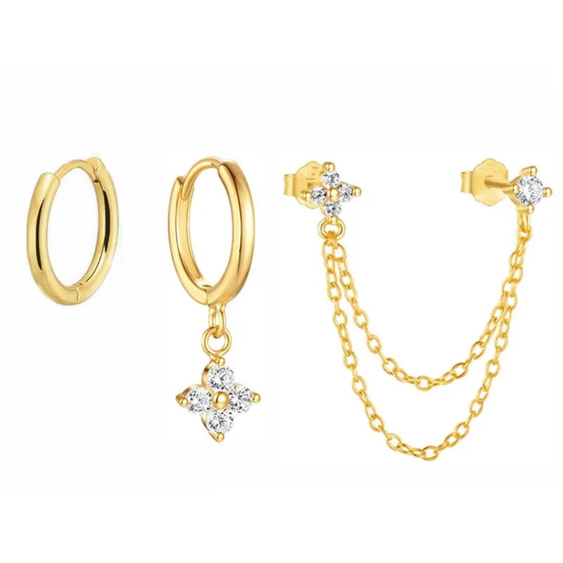 3PCS New Fashion Four Zircon Flower Hoop Earring Set For Women Stainless Steel Double Stud Chain Tassel Huggie Piercing Jewelry - Lootquake