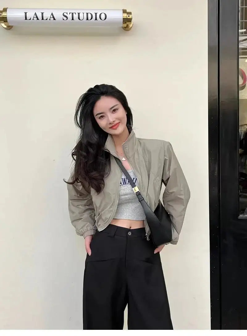 2024 Autumn Vintage Women's Windbreaker Cropped Jackets Harajuku Oversized Streetwear Long Sleeve Fashion Female Elegant Top - Lootquake