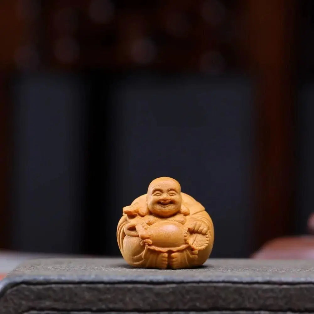 Home Decor Woodcarving Laughing Buddha Maitreya Sculpture Miniature Wooden Buddha Statue Craft Mini Handmade Statue Table Top