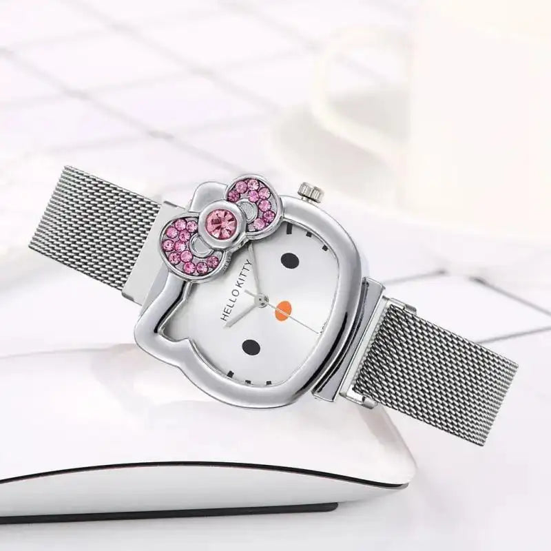 Hello Kitty Diamond Watch Cat Bow Kawaii Pink Ladies Gold Sliver Metal Jewelry Cartoon Magnetic Watch Girlfriend Birthday - Lootquake