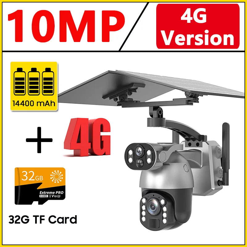 Caméra solaire 10 MP, zoom x50, double objectif, 4G, SIM, WIFI, surveillance extérieure, PTZ, détection humaine, enregistrement, vision nocturne