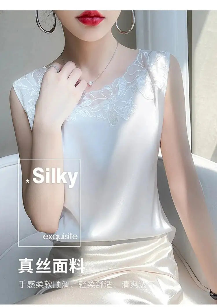 new woman clothing vest camis Tank top women's suit bottom lace lining 2024 summer new silk satin sleeveless top suspender vests - Lootquake