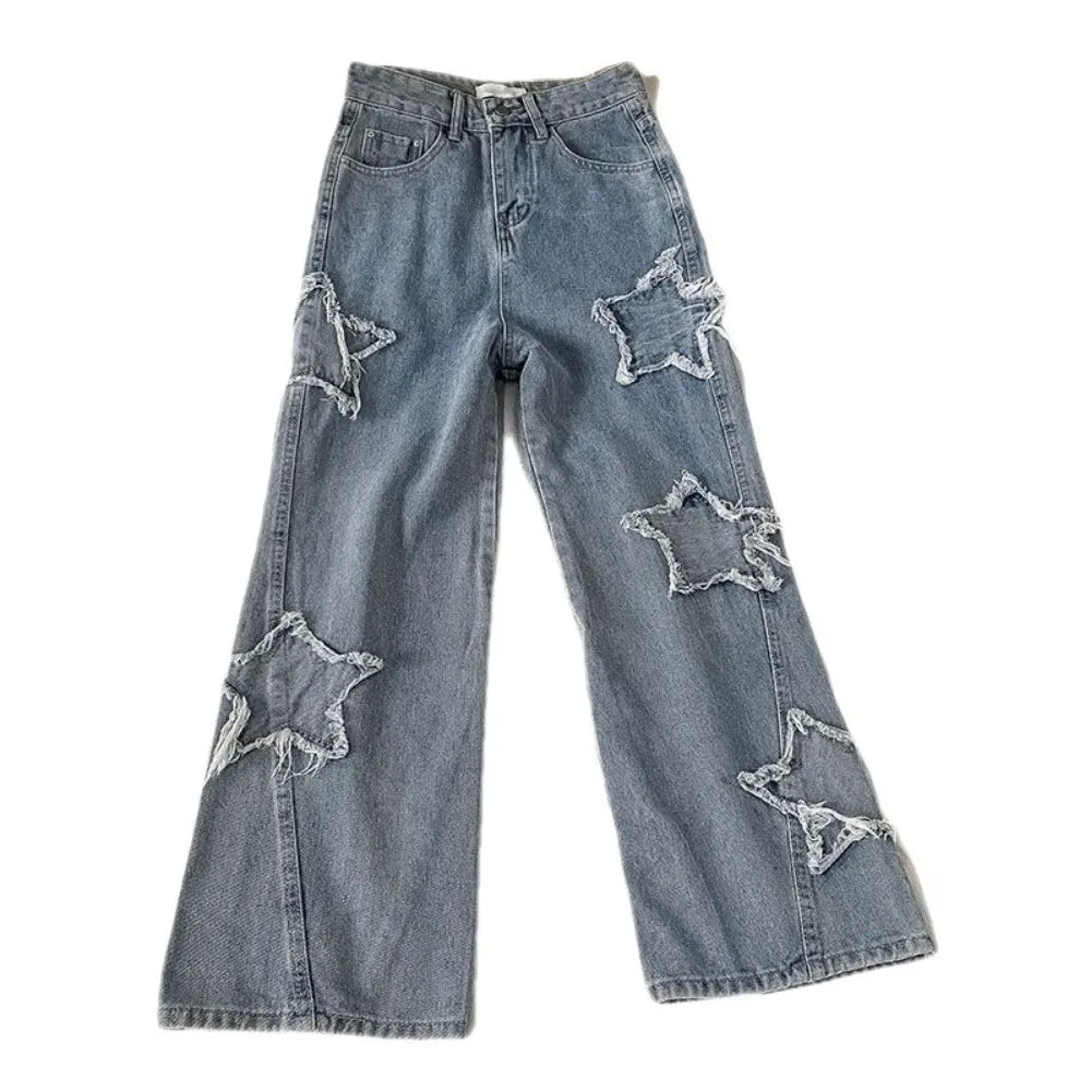 Denim Popular Ins Fashion Korean WIth Star Spring Autumn New High Waist Straight Leg Loose Fitting Jeans - Lootquake