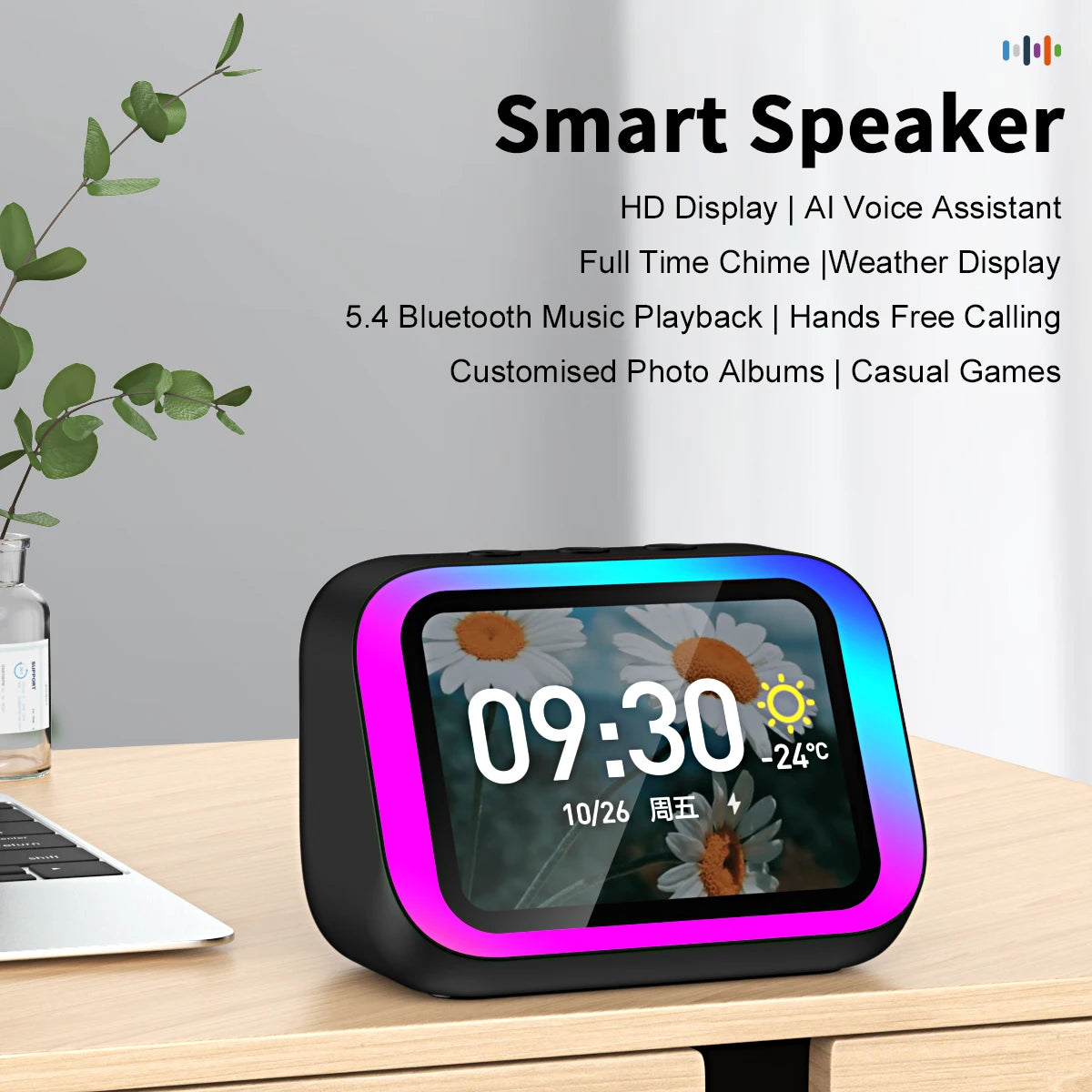Traducteur Bluetooth intelligent, haut-parleur RGB, traduction en temps réel de 18 langues, haut-parleur Bluetooth 5.4 AI avec écran LCD, jeu, alarme