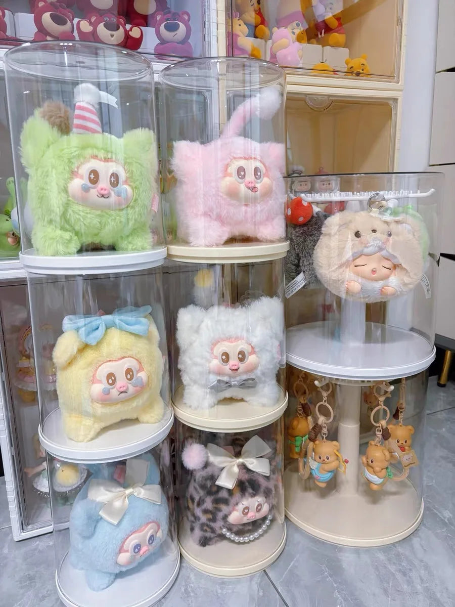 Boîte de présentation rotative transparente pour pendentifs Labubu, boîte de rangement pour poupées Labubu, résistante à la poussière et à l'humidité