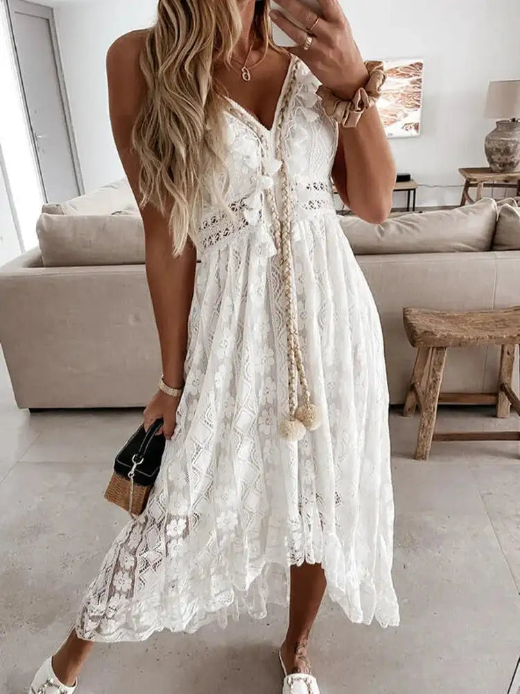 Boho Long Dress Women Summer Lace V Neck Flare Sleeve Sexy Maxi Dress Lady Holiday Party Beach Wedding Dresses Vestidos De Mujer - Lootquake