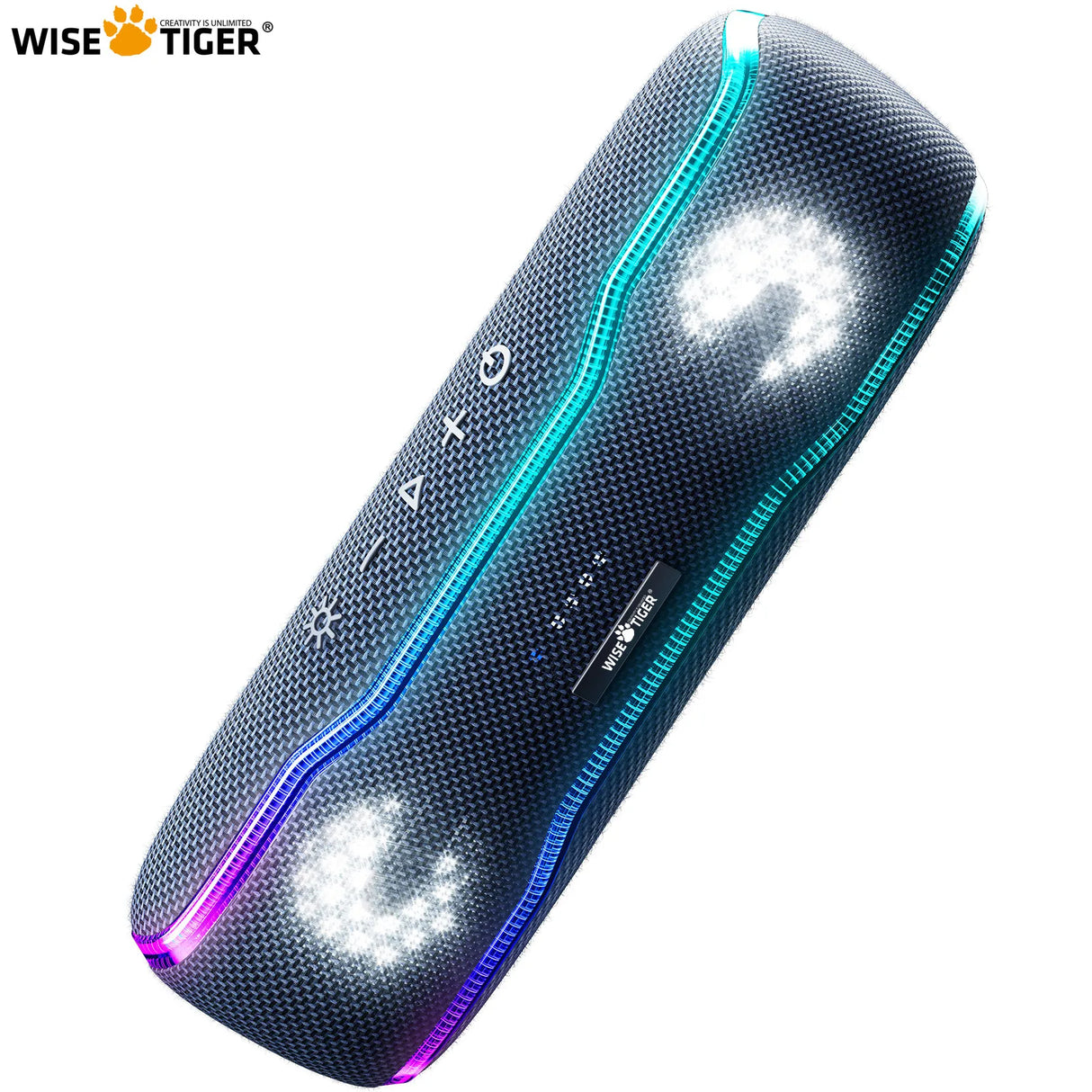 Altavoz Bluetooth WISETIGER para exteriores, resistente al agua IPX7, 25 W, BT5.3, estéreo envolvente con luces ecualizadoras pulsantes.
