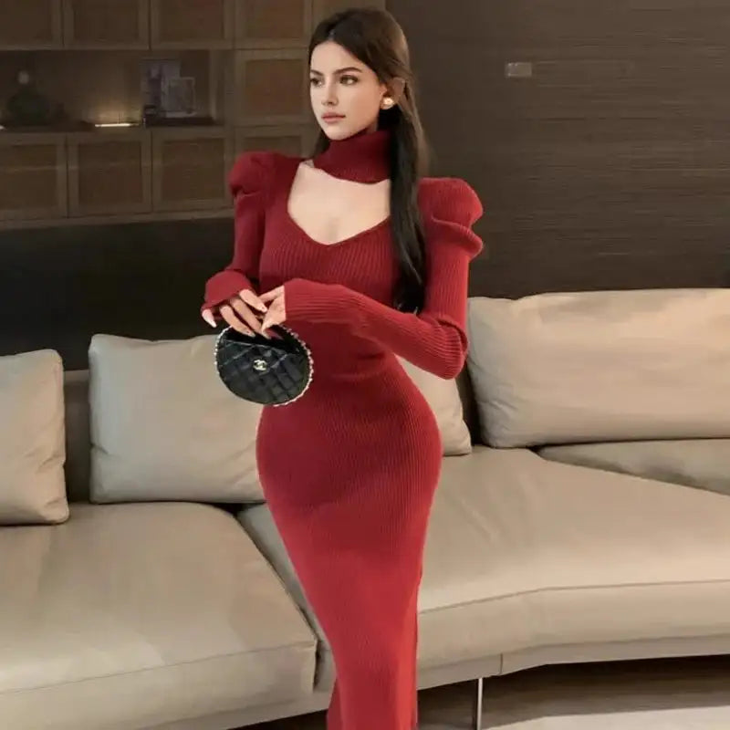 YuooMuoo Chic Fashion Elegant Knitted Long Dress with Neck Scarf 2024 Autumn Winter Ribbed Office Lady Bodycon Sweater Vestidos - Lootquake