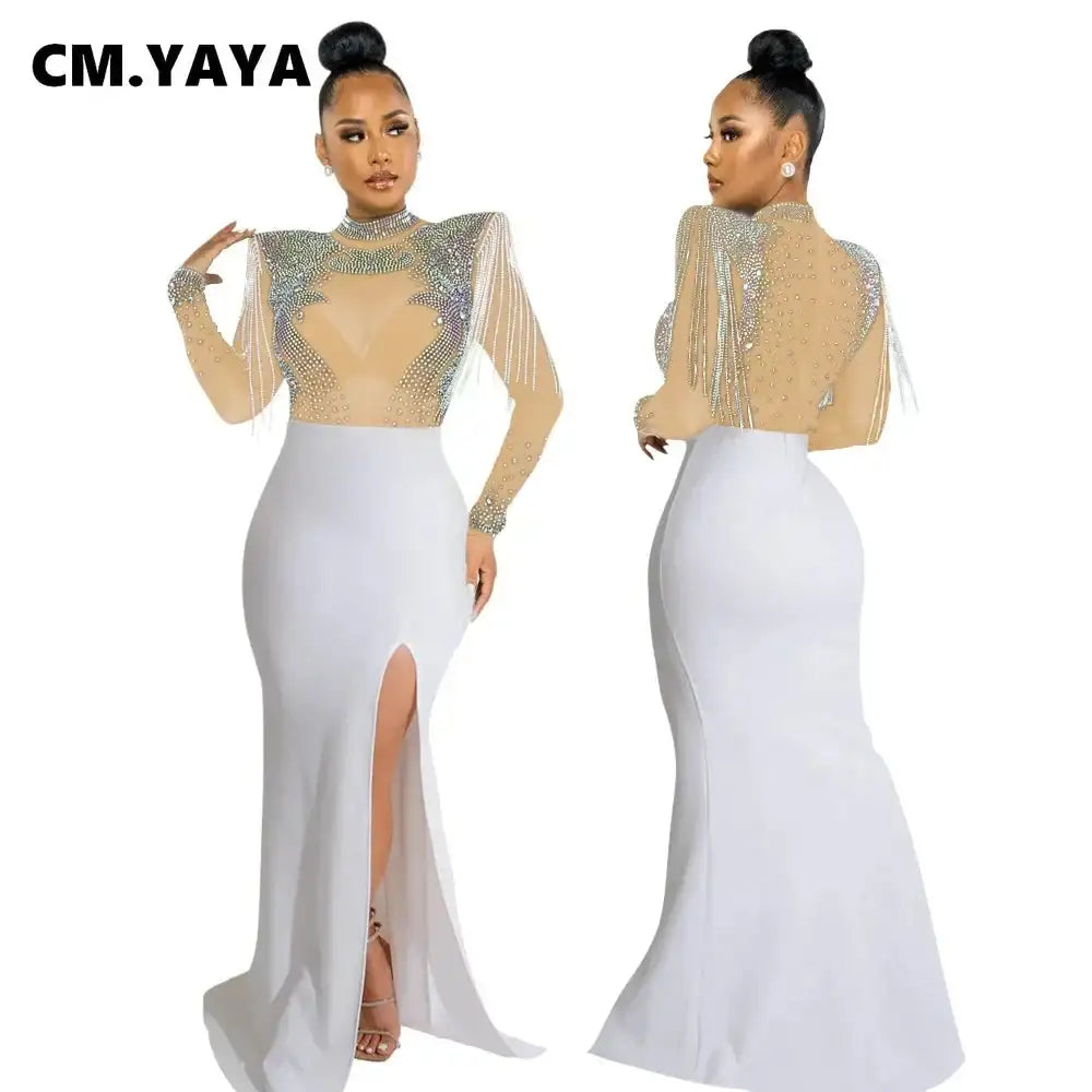 CM.YAYA Women Mesh See Through Long Sleeve Diamonds Hot Rhinestones Mermaid Long Dress Fall Evening Sexy Party Dresses Vestidos - Lootquake